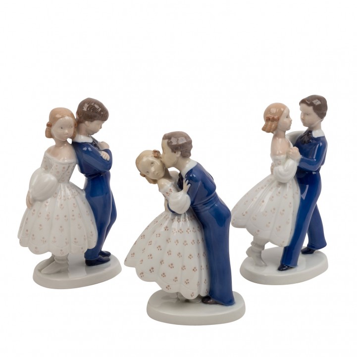 BING & GRÖNDAHL, drei Porzellanfiguren, „Wiener Walzer“, „Der erste Kuss“, „Entschuldigung“ 