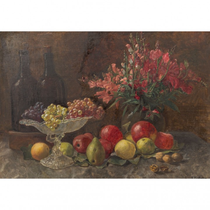 HORLACHER, EMMA (tätig um 1882-1894), "Stillleben mit Sommerstrauß in Vase und Früchten", 