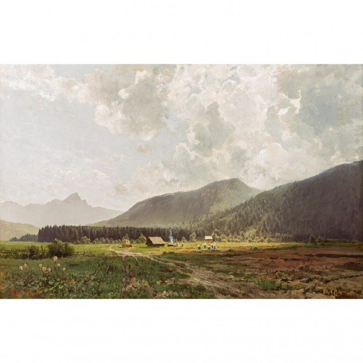 RABENDING, FRITZ (1862-1929) 'Gebirgelandschaft mit Bauern bei der Arbeit' 
