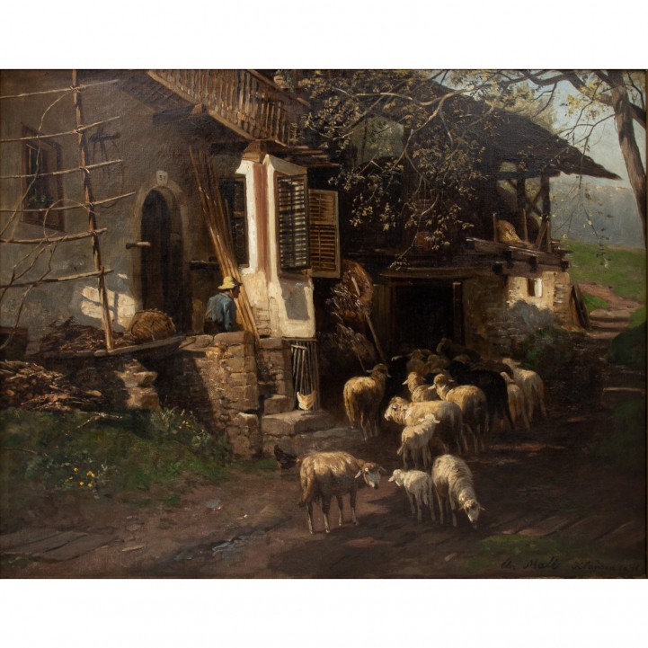 MALI, CHRISTIAN FRIEDRICH (1832-1906), 'Hirte mit seiner Schafherde vor dem Haus', Klausen 1891, 
