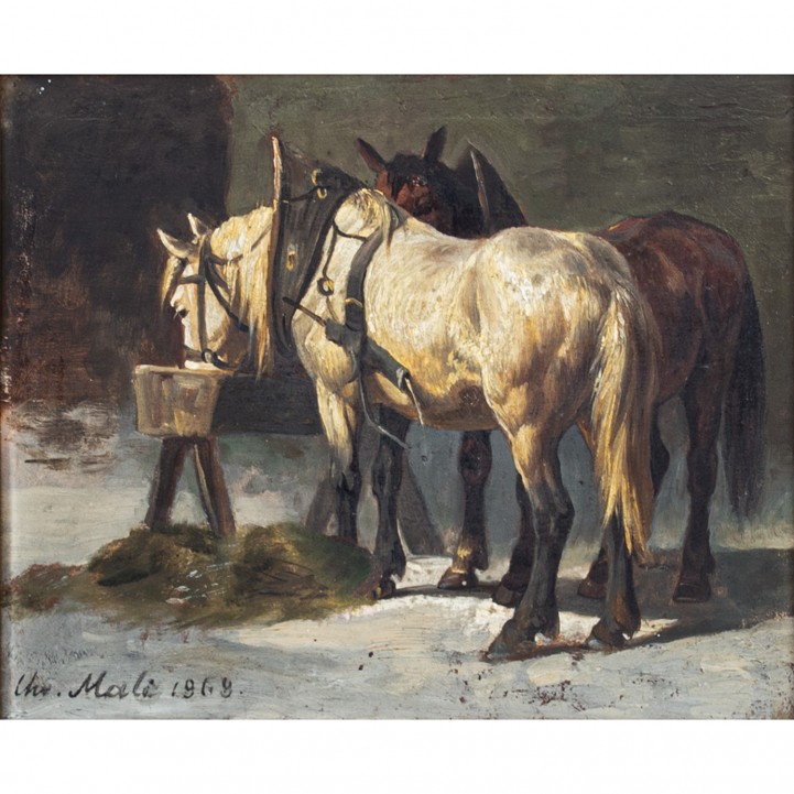 MALI, CHRISTIAN FRIEDRICH (1832-1906), 'Schimmel und Brauner im Stall', 