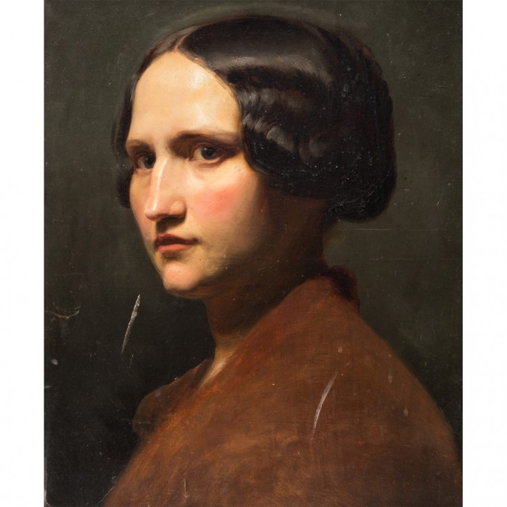 DEIKER, JOHANNES CHRISTIAN, attr. (Wetzlar 1822-1895 Düsseldorf), "Portrait einer jungen Frau in rotem Gewand", 