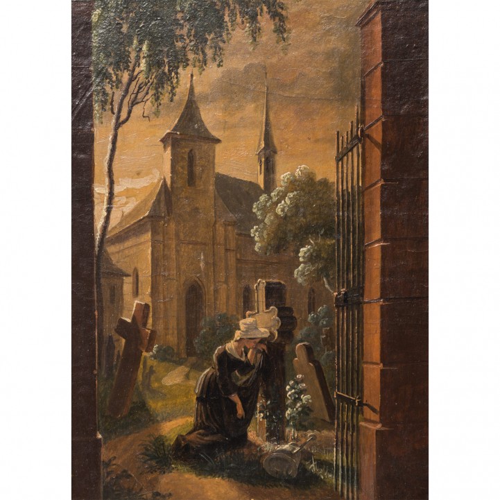 DEIKER, FRIEDRICH, attr. (Hanau 1792-1843 Wetzlar), "Junge Frau an einem Gedenkkreuz vor der Kirche", 