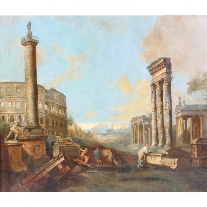 MALER des 19. Jh., "ROM, das Forum Romanum", ideale Ruinenlandschaft mit Kolloseum und Trajanssäule, 