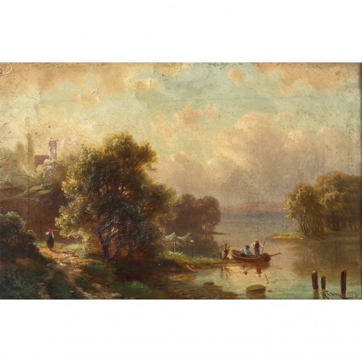 CONZ, GUSTAV (Tübingen 1832-1914 Stuttgart), "Romantische Landschaft mit See", 