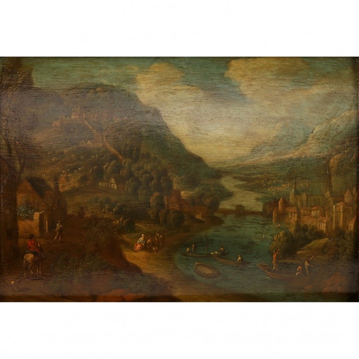 Deutscher Maler des frühen 18.Jh., "Gebirgslandschaft mit Städten zu beiden Seiten des Flusses", 