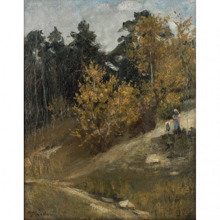 JACOB, JULIUS II (1842-1929), "Junge Frau mit Kind an einem Waldrand", 