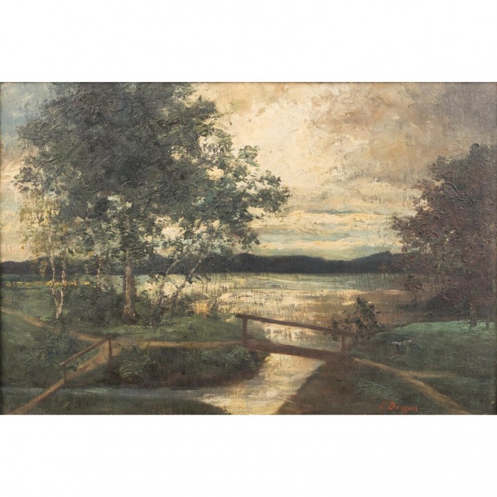 DARGEN, ERNST (1866-1929) 'Nach dem Gewitter', Landschaft mit Bachlauf und Holzbrücke 