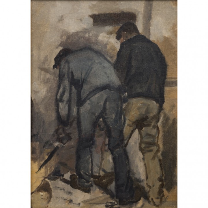MONOGRAMMIST CM (Maler 19./20. Jh.), "Zwei Arbeiter am Hochofen", 