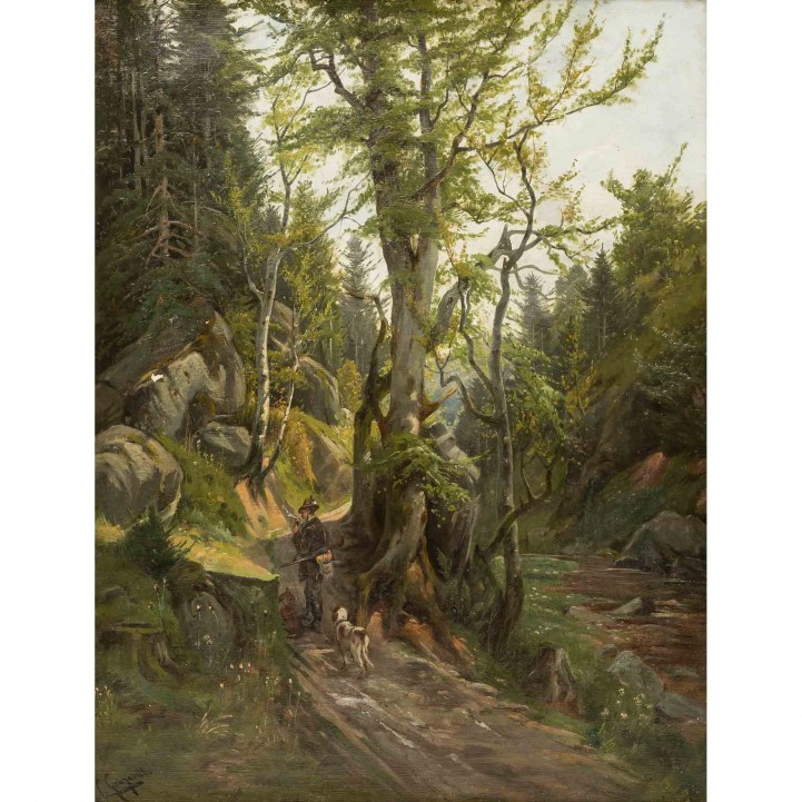 GEBHARDT, C. ? (Maler 19./20. Jh.), 'Jäger mit zwei Hunden auf dem Weg im Gebirgswald', 